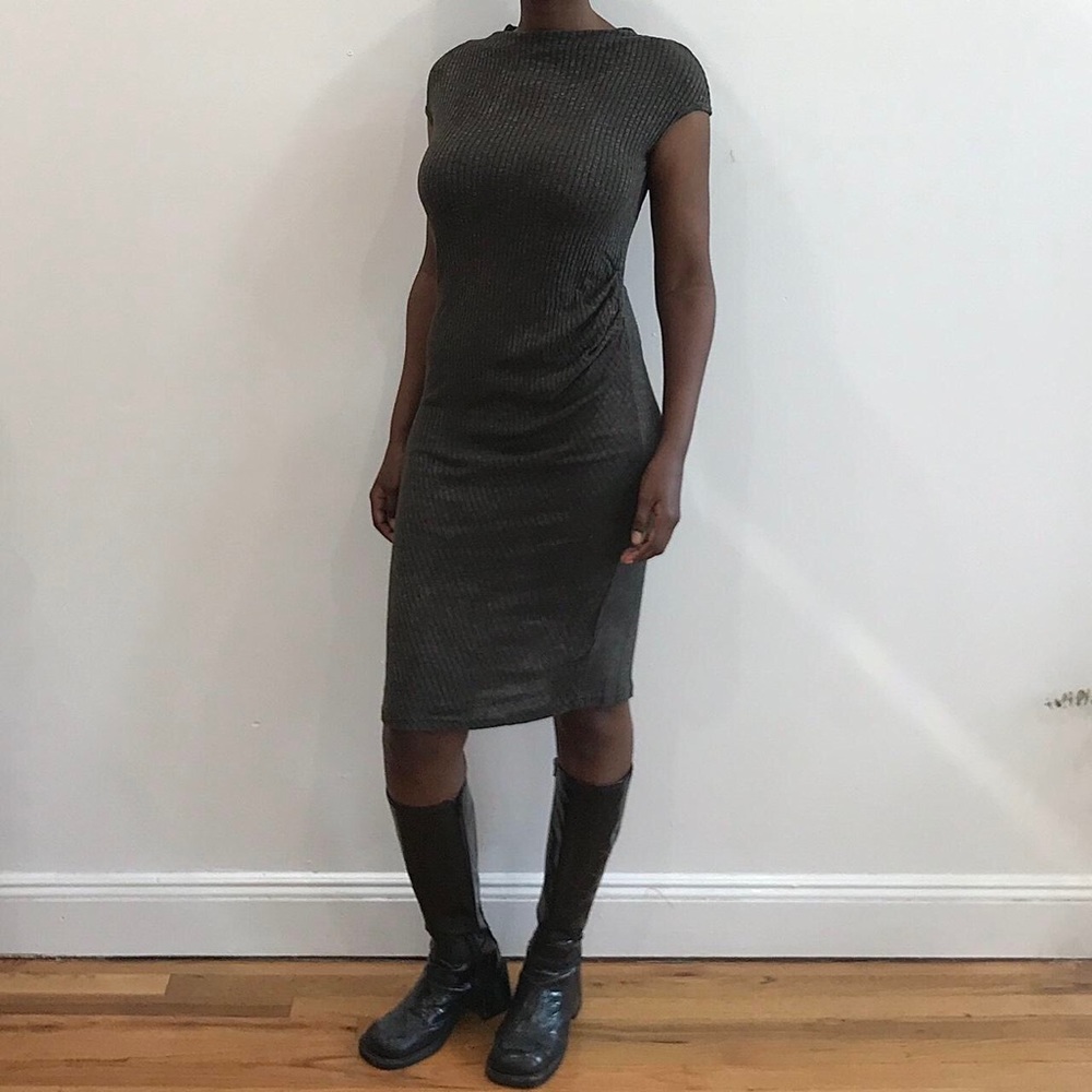 BROWN RUCHED HIGH NECK DRESS (STRETCHY)